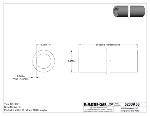 Technical drawing of Soft Masterkleer PVC Tubing for Air&Water, 1/4" ID, 3/8" OD.